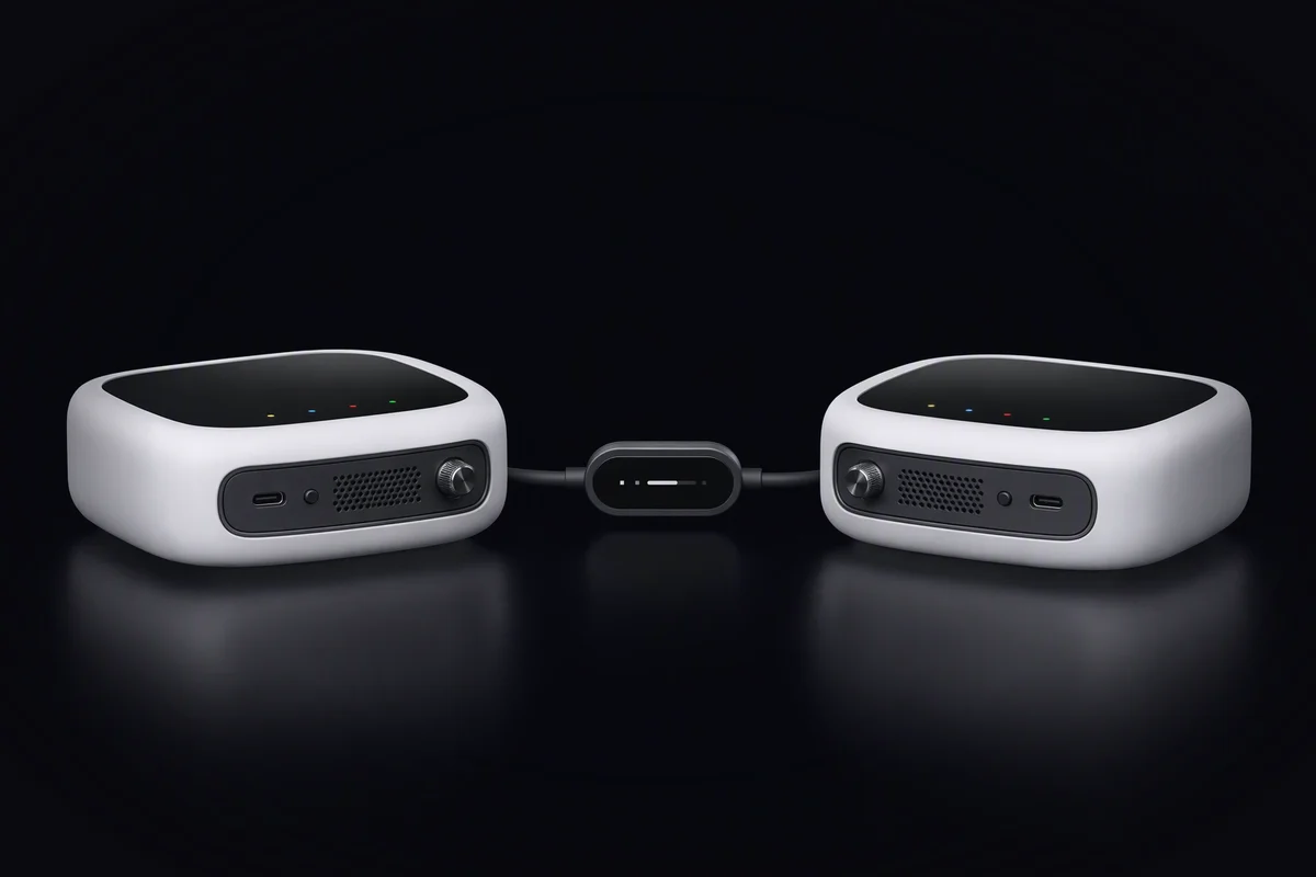 Two small compute nodes facing each other, joined through a small in-line meter