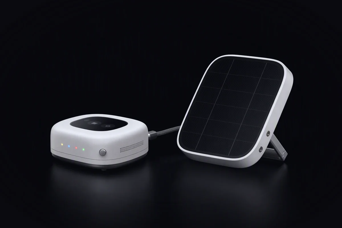 A small compute node with four coloured lights, cabled to a tilted solar panel tile