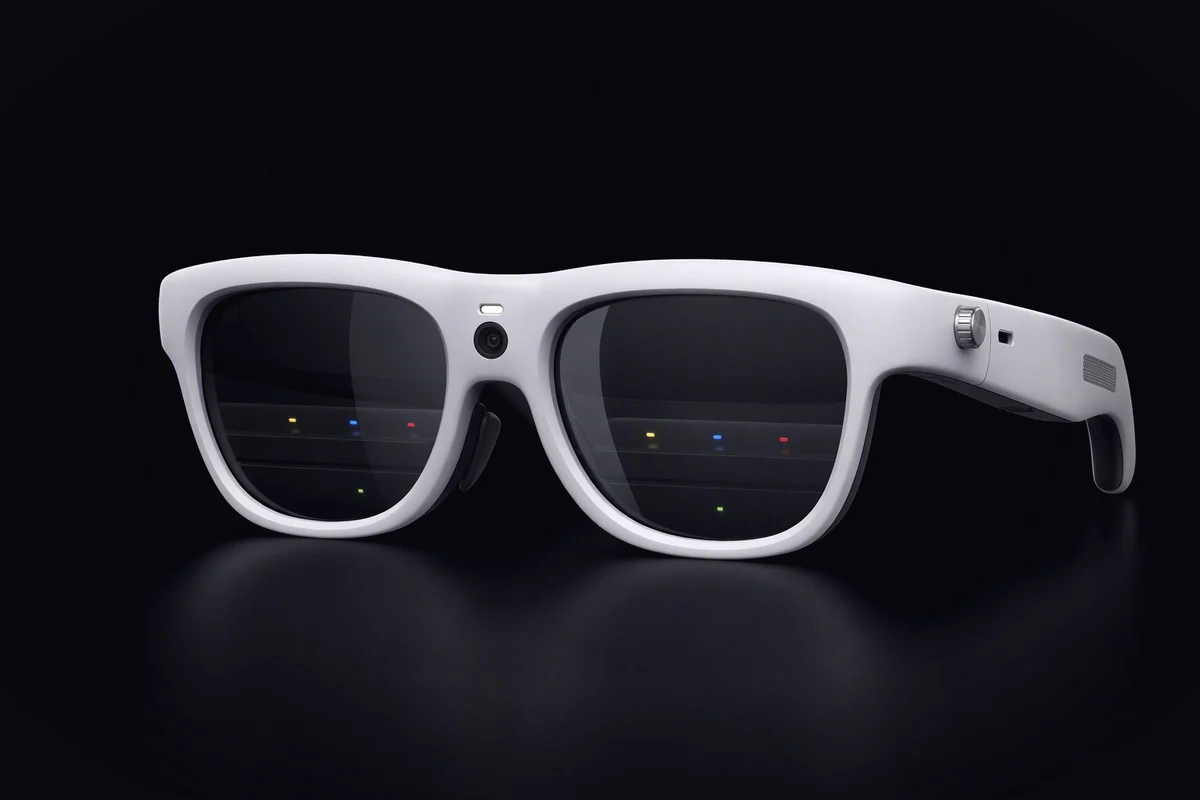 Plain unbranded glasses seen from the front with dark lenses, a small camera and lit privacy light on the bridge, small yellow, blue and red server lights reflected in the lenses