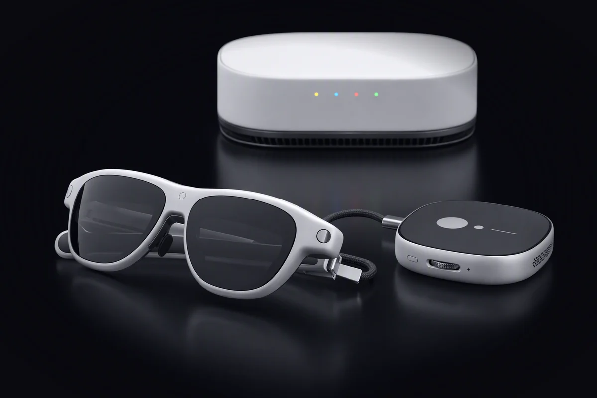 Plain folded display glasses cabled to a rounded pocket compute puck, a rounded server unit with four small coloured lights behind them