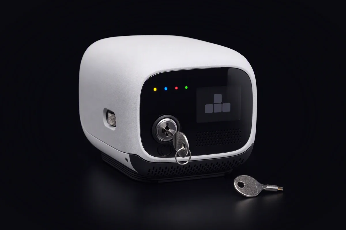 A small compute node with a key in its front lock and a second key lying beside it