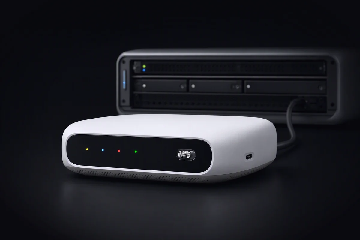 A home compute node with four coloured lights and a sharing switch turned on, cabled to a blurred server rack behind it