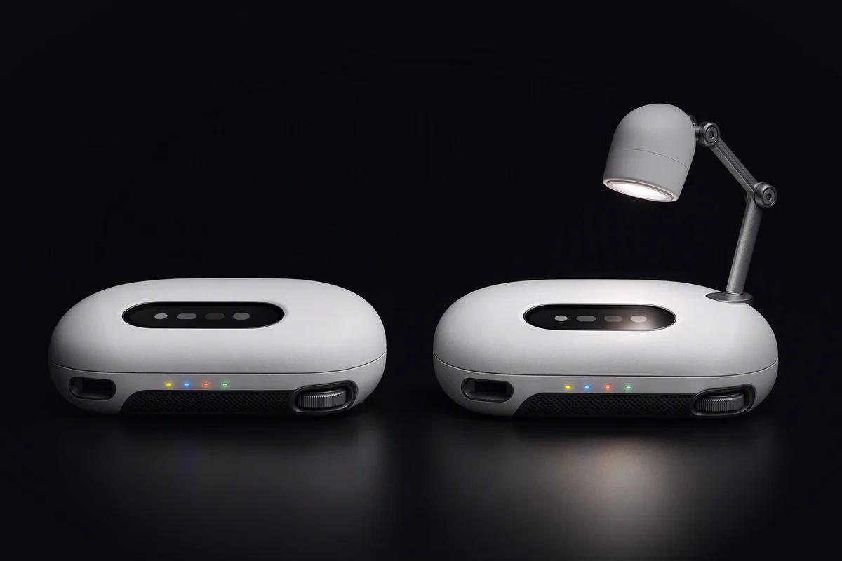 Two identical compute sleds side by side with a small inspection lamp lit on one of them