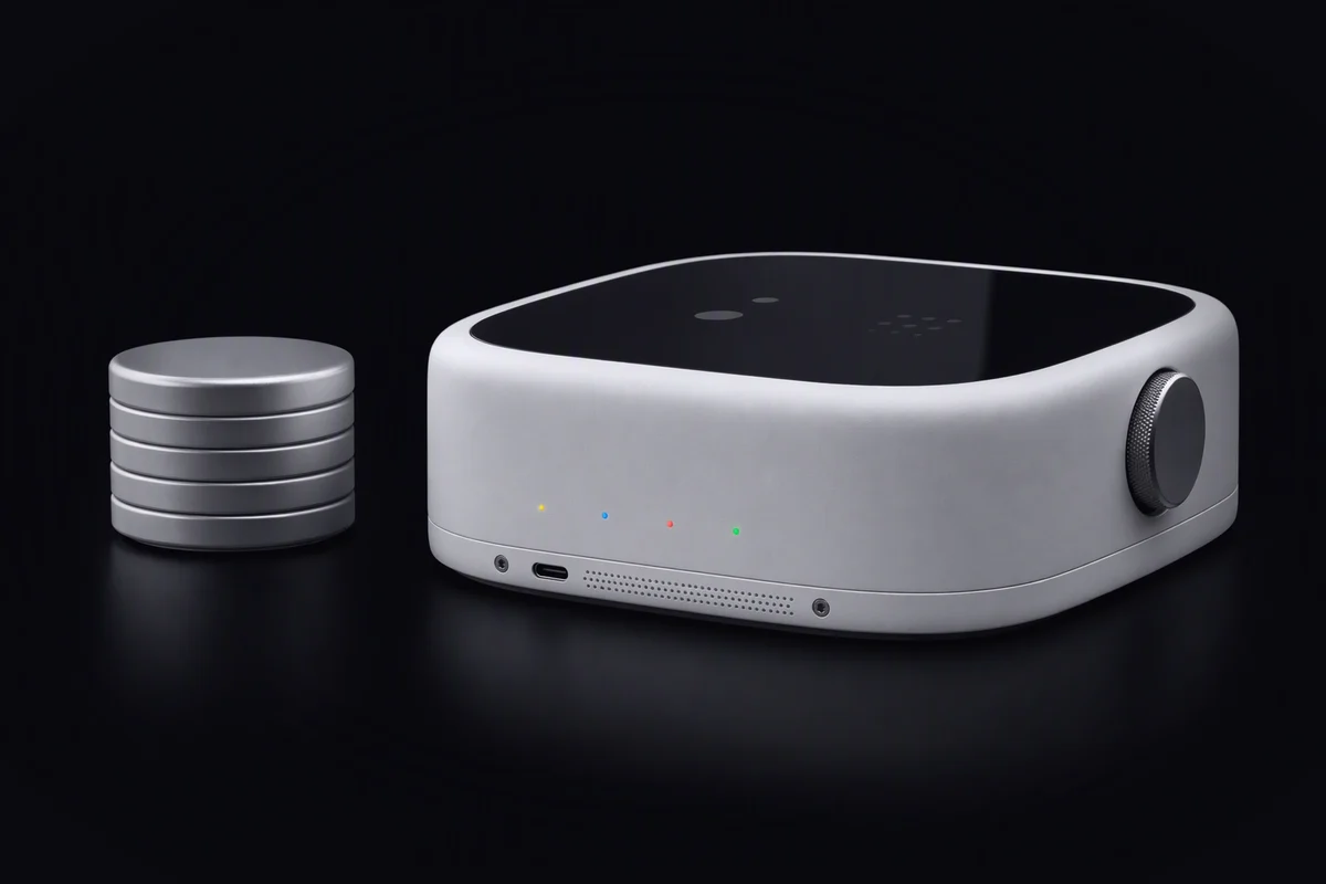 A short stack of plain metal discs beside a larger compute sled with four coloured lights