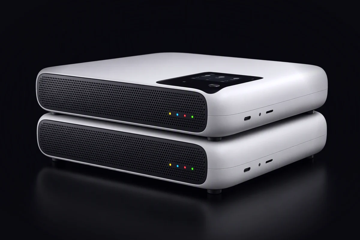 A rounded white server sled with four indicator lights in yellow, blue, red and green, with a second identical sled stacked beneath it