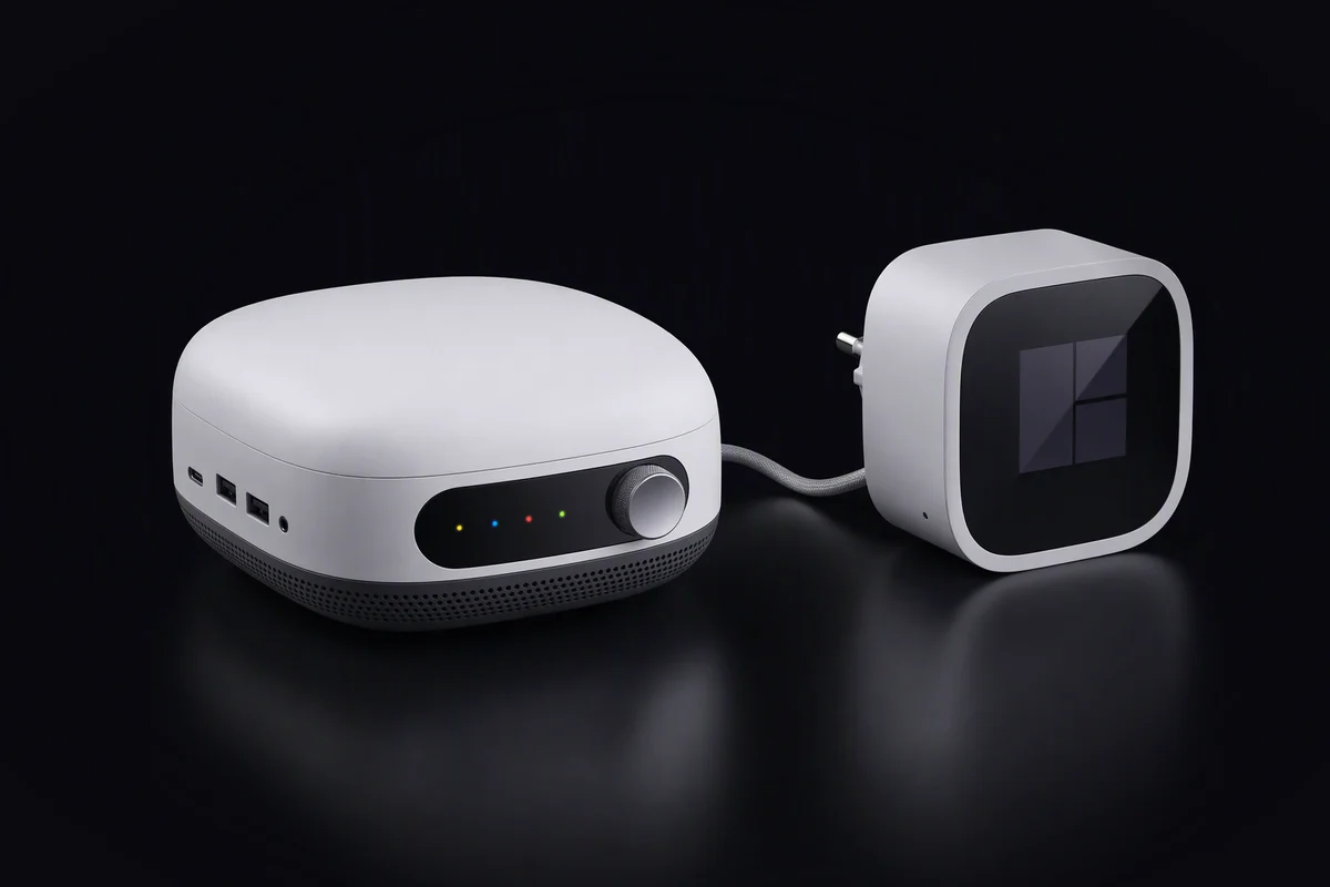 A small rounded white home compute node with four tiny lights, joined by a short cable to a plug-in energy meter